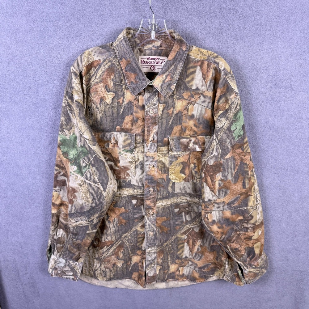 VTG Wrangler Rugged Wear Shirt Mens 2XL Brown Camo Advantage Timber Hunting Work